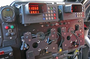 The co-driver's view, with mounting spots for the Dakar-specific tracking equipment.
