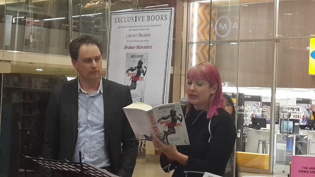 Beukes reading from Broken Monsters at Exclusive Books in Sandton City.