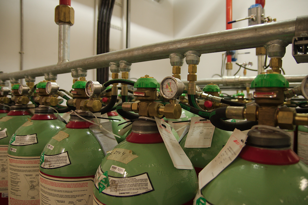 FM200 fire extinguishers, regularly tested and waiting to be used. 