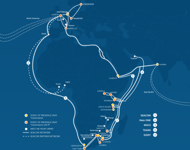 This map shows all the Seacom cables under the ocean which bring internet to Africa.