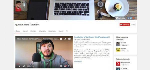 Quentin Watt's YouTube homepage showing off his host of subscribers.