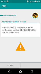 The screen FNB App users are met with while trying to connect this morning.
