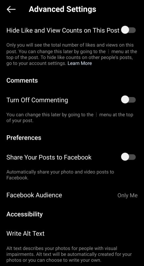 Instagram's advanced option menu showcasing how Alt text is added.