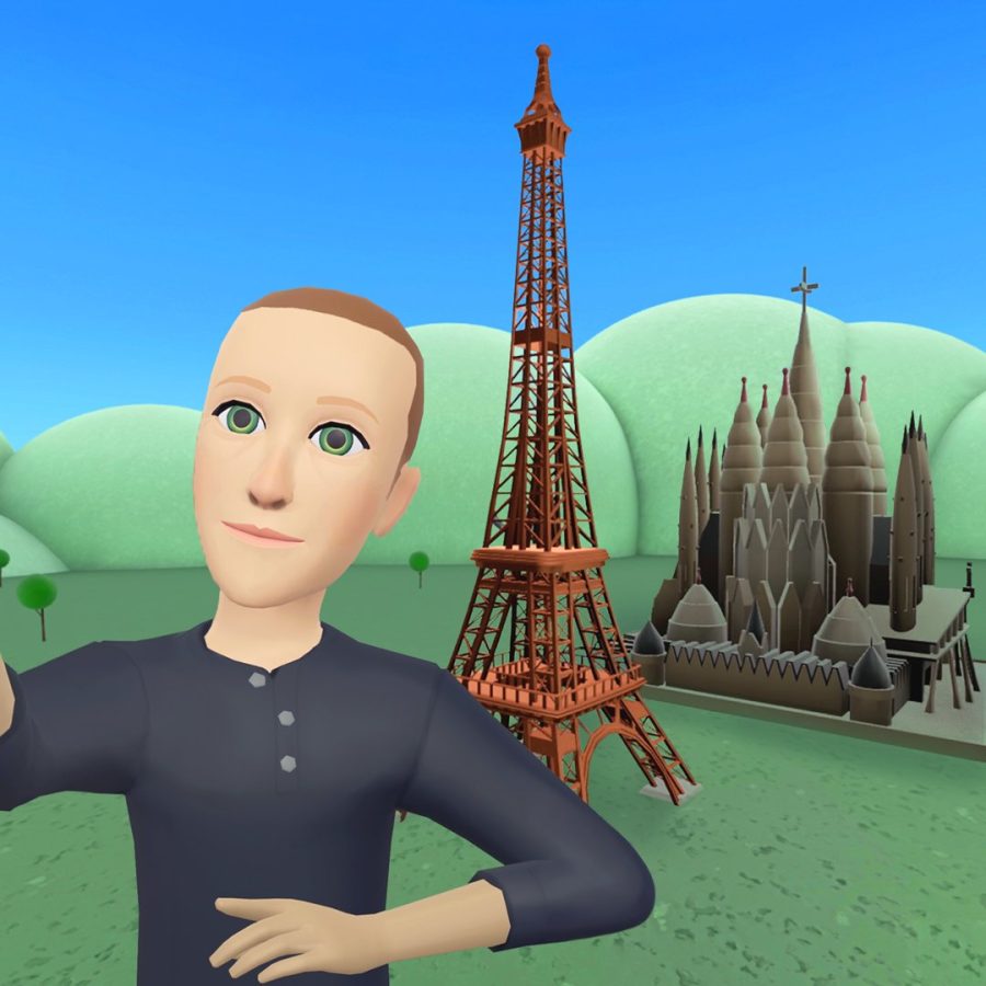 Mark Zuckerberg in Horizon Worlds standing in front of the Eiffel Tower and a Temple